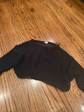 Garage Black Open-Weave Cropped Crew Sweater